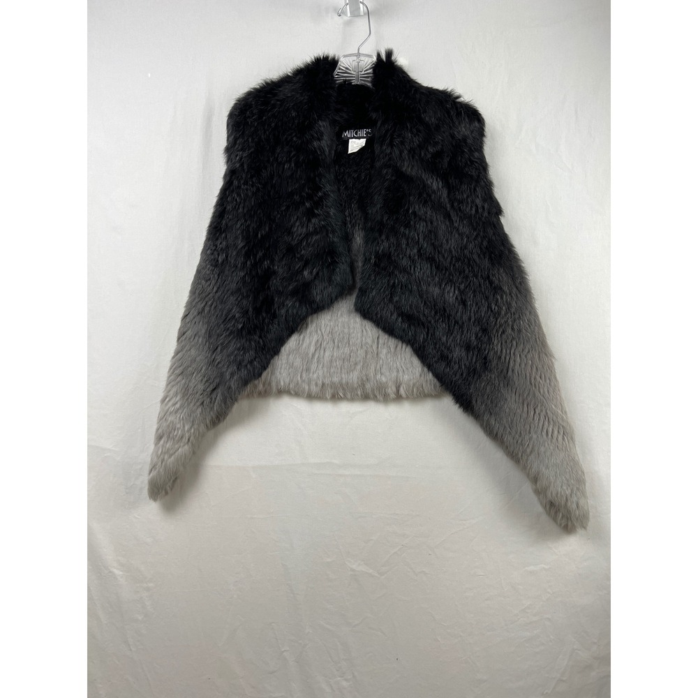Mitchies Fur Vest Womens One Size Black Grey Ombre Genuine Rabbit Fur Open Front